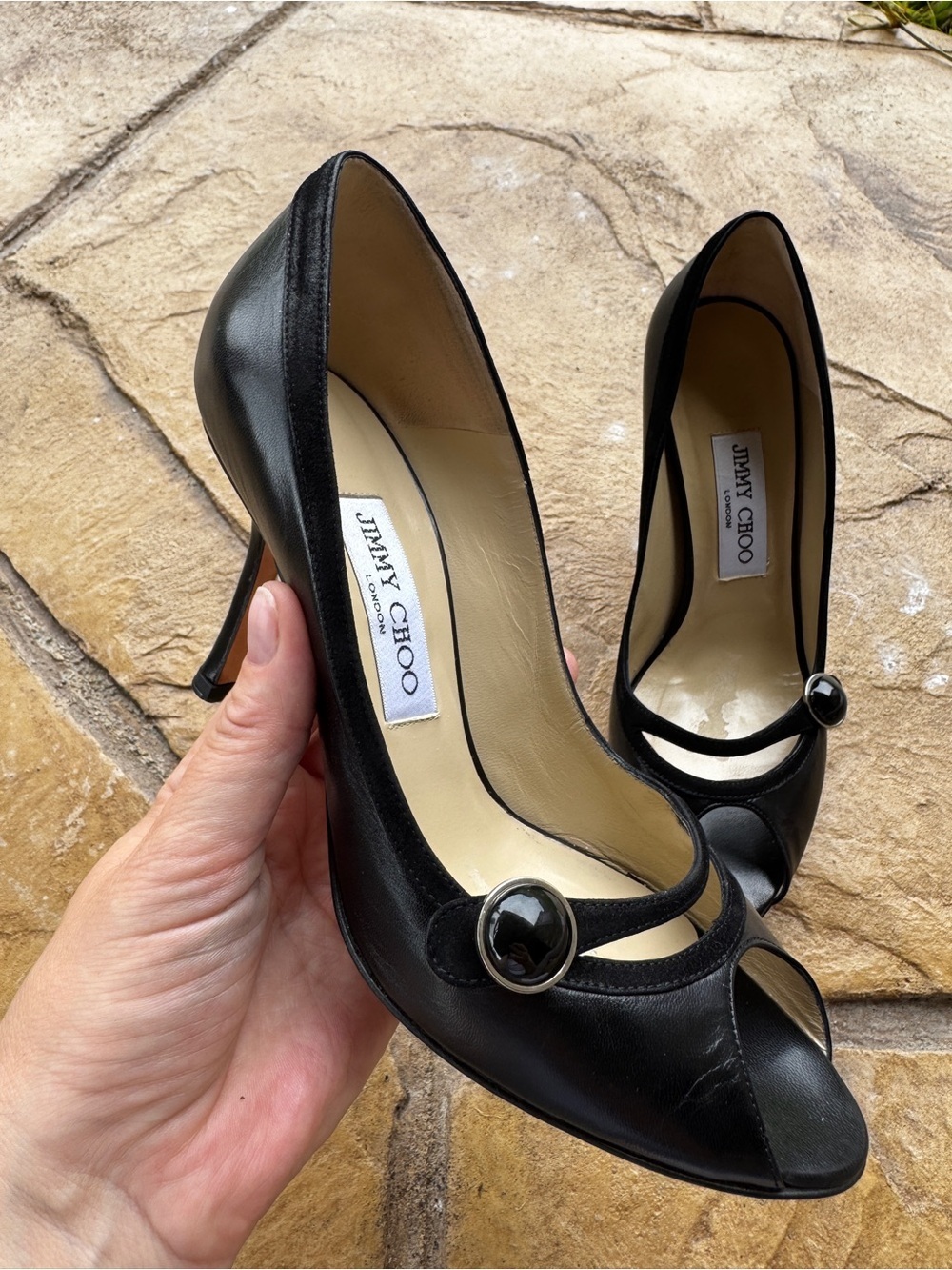 Vintage Jimmy Choo Black Leather Peep Toe Mary Jane Heels Pumps Size 36,5 - Picture 11 of 15